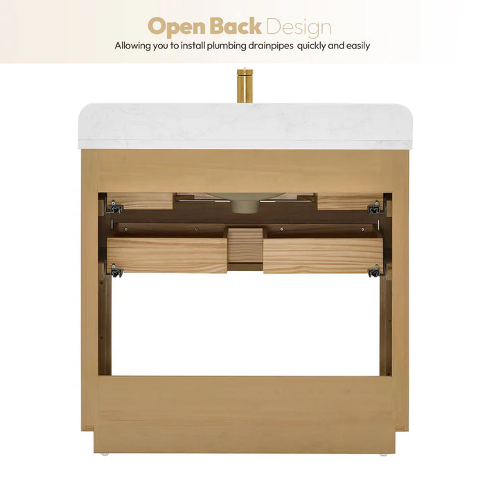36-Inch Hearth Solid Wood Free-Standing Bathroom Vanity in Washed Ash Grey with White Grain Stone Top