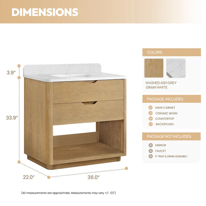 36-Inch Hearth Solid Wood Free-Standing Bathroom Vanity in Washed Ash Grey with White Grain Stone Top