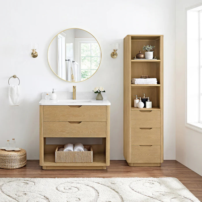 36-Inch Hearth Solid Wood Free-Standing Bathroom Vanity in Washed Ash Grey with White Grain Stone Top