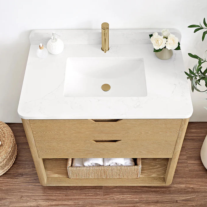 36-Inch Hearth Solid Wood Free-Standing Bathroom Vanity in Washed Ash Grey with White Grain Stone Top