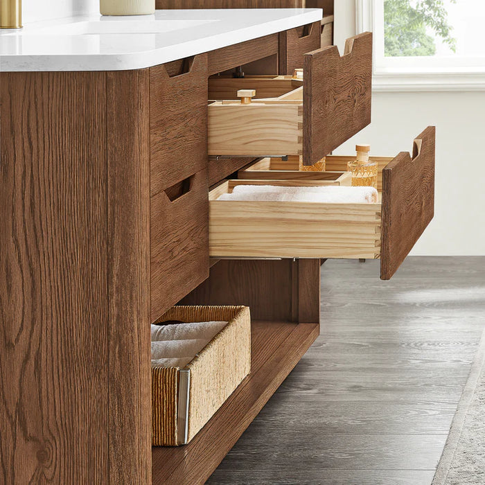 55-Inch Shade Freestanding Bathroom Vanity - Oak Weathered Brown with White Grain Stone Top & Undermount Sink