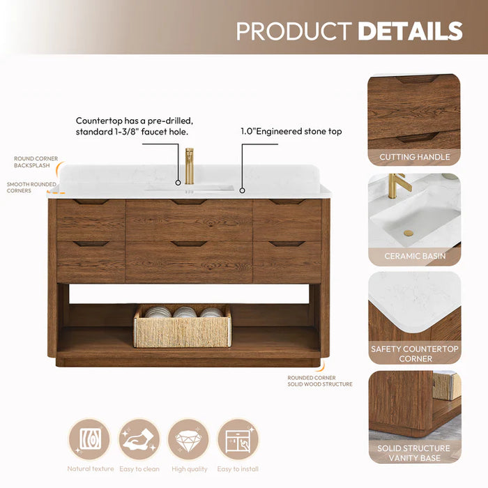 55-Inch Shade Freestanding Bathroom Vanity - Oak Weathered Brown with White Grain Stone Top & Undermount Sink