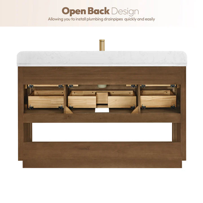 55-Inch Shade Freestanding Bathroom Vanity - Oak Weathered Brown with White Grain Stone Top & Undermount Sink