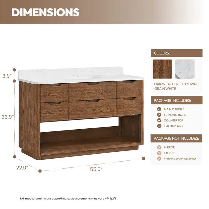 55-Inch Shade Freestanding Bathroom Vanity - Oak Weathered Brown with White Grain Stone Top & Undermount Sink
