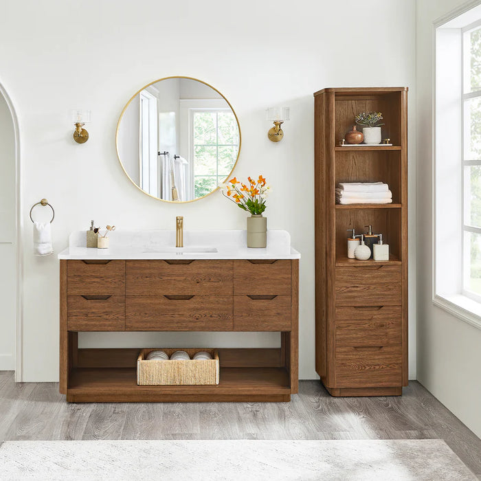 55-Inch Shade Freestanding Bathroom Vanity - Oak Weathered Brown with White Grain Stone Top & Undermount Sink