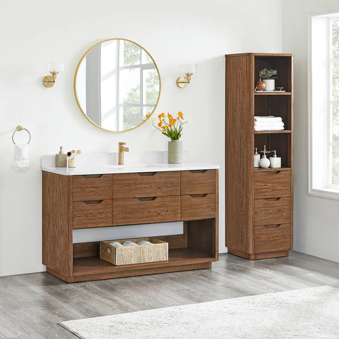 55-Inch Shade Freestanding Bathroom Vanity - Oak Weathered Brown with White Grain Stone Top & Undermount Sink