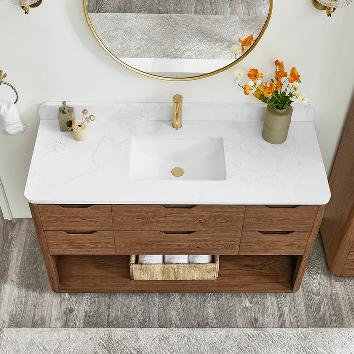 55-Inch Shade Freestanding Bathroom Vanity - Oak Weathered Brown with White Grain Stone Top & Undermount Sink