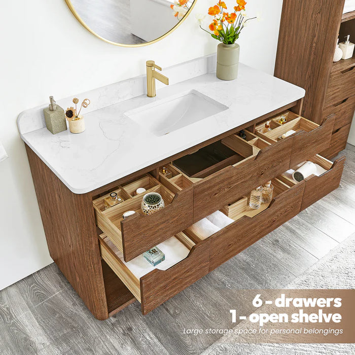 55-Inch Shade Freestanding Bathroom Vanity - Oak Weathered Brown with White Grain Stone Top & Undermount Sink