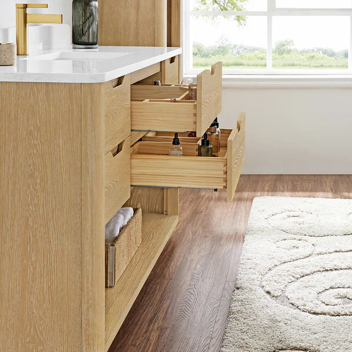 55-Inch Haze Free-Standing Bathroom Vanity - Washed Ash Grey Wood with White Grain Stone Top