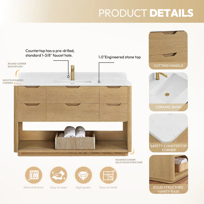 55-Inch Haze Free-Standing Bathroom Vanity - Washed Ash Grey Wood with White Grain Stone Top