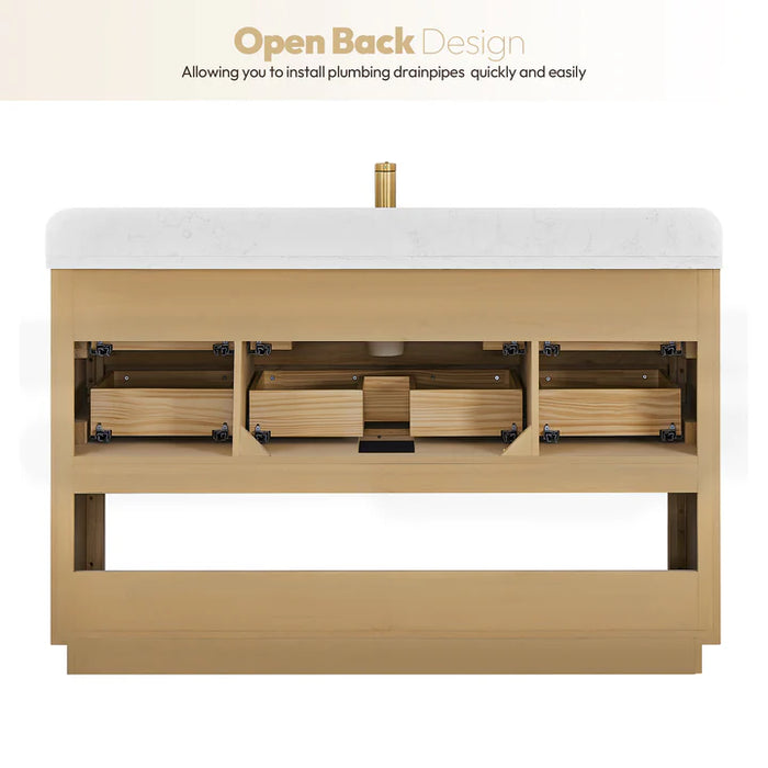 55-Inch Haze Free-Standing Bathroom Vanity - Washed Ash Grey Wood with White Grain Stone Top