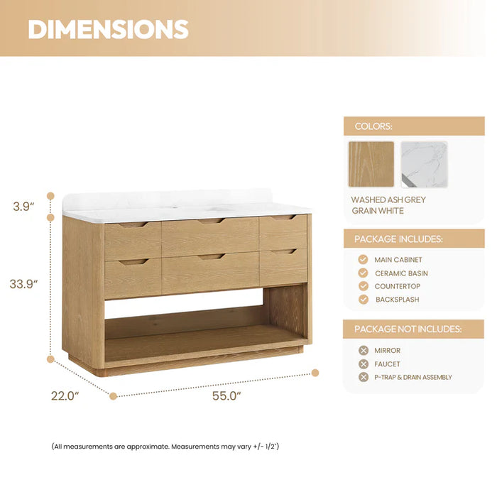 55-Inch Haze Free-Standing Bathroom Vanity - Washed Ash Grey Wood with White Grain Stone Top
