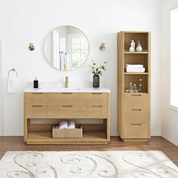 55-Inch Haze Free-Standing Bathroom Vanity - Washed Ash Grey Wood with White Grain Stone Top