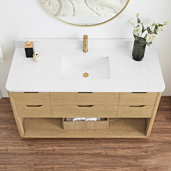 55-Inch Haze Free-Standing Bathroom Vanity - Washed Ash Grey Wood with White Grain Stone Top