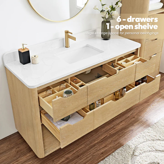 55-Inch Haze Free-Standing Bathroom Vanity - Washed Ash Grey Wood with White Grain Stone Top