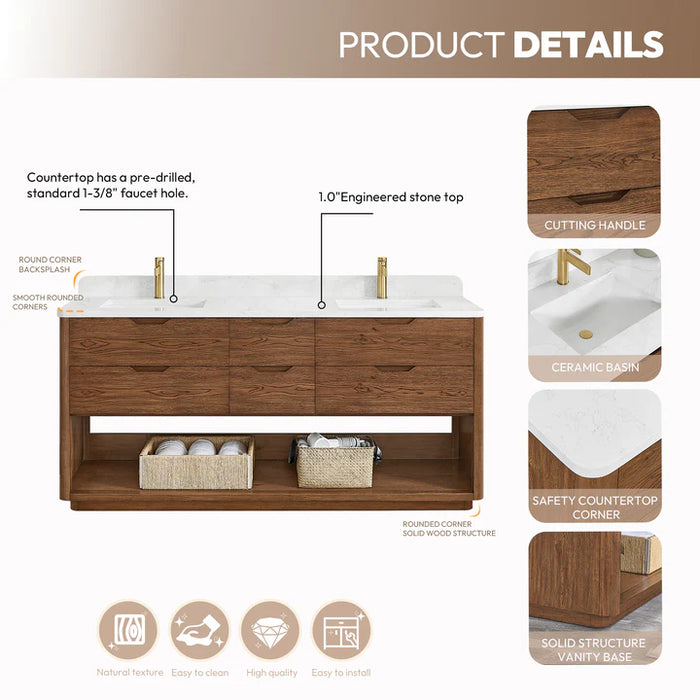 72-Inch Valley Double Bathroom Vanity Oak Weathered Brown Free-Standing Modern with Stone Top