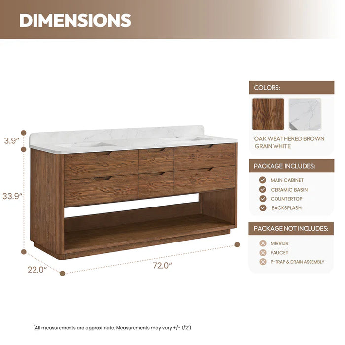 72-Inch Valley Double Bathroom Vanity Oak Weathered Brown Free-Standing Modern with Stone Top