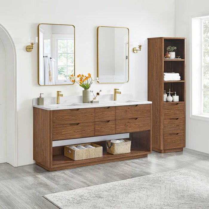 72-Inch Valley Double Bathroom Vanity Oak Weathered Brown Free-Standing Modern with Stone Top