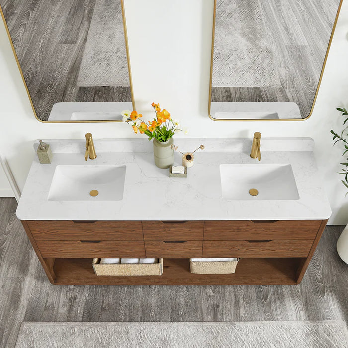 72-Inch Valley Double Bathroom Vanity Oak Weathered Brown Free-Standing Modern with Stone Top