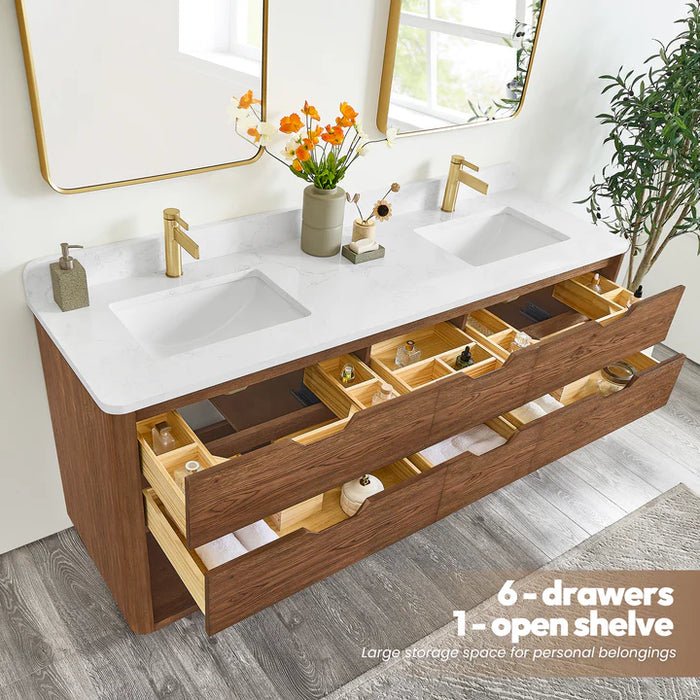 72-Inch Valley Double Bathroom Vanity Oak Weathered Brown Free-Standing Modern with Stone Top