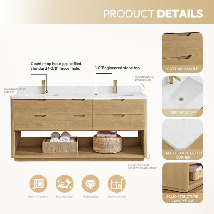 72-Inch Moon Freestanding Double Vanity - Solid Wood with White Grain Stone & Soft-Close Storage