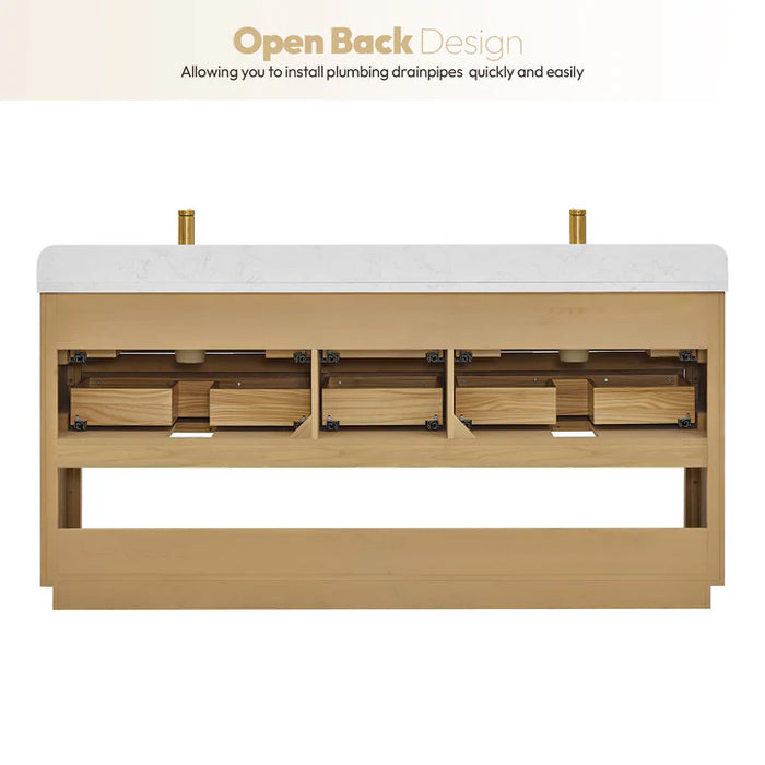 72-Inch Moon Freestanding Double Vanity - Solid Wood with White Grain Stone & Soft-Close Storage