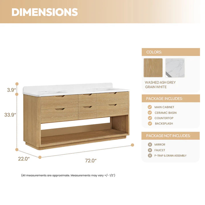 72-Inch Moon Freestanding Double Vanity - Solid Wood with White Grain Stone & Soft-Close Storage