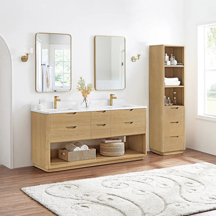 72-Inch Moon Freestanding Double Vanity - Solid Wood with White Grain Stone & Soft-Close Storage