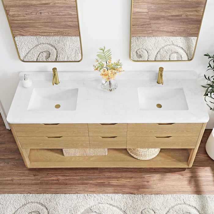 72-Inch Moon Freestanding Double Vanity - Solid Wood with White Grain Stone & Soft-Close Storage