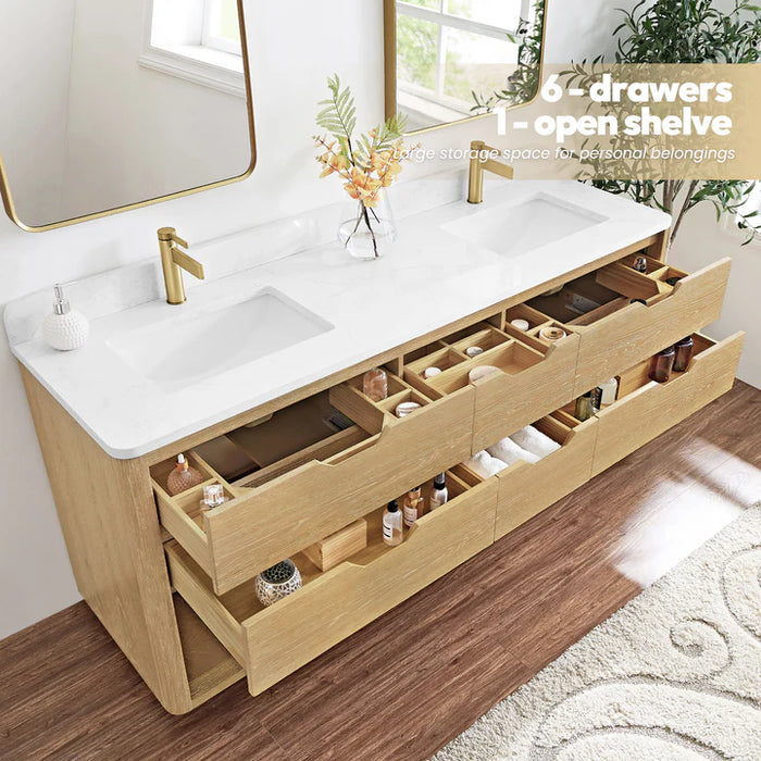 72-Inch Moon Freestanding Double Vanity - Solid Wood with White Grain Stone & Soft-Close Storage
