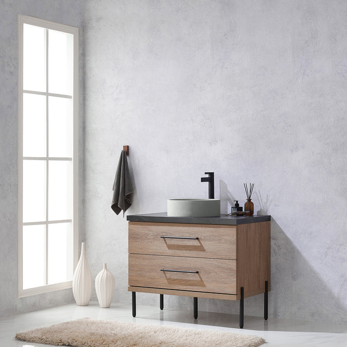 36-Inch Sabine Oak Bathroom Vanity Set - Single Sink with Black Sintered Stone Countertop & Concrete Basin