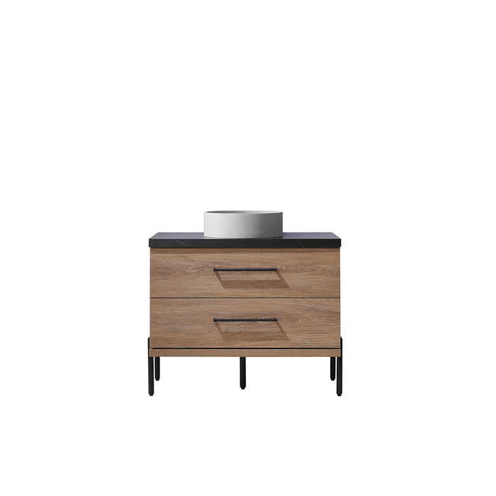 36-Inch Sabine Oak Bathroom Vanity Set - Single Sink with Black Sintered Stone Countertop & Concrete Basin