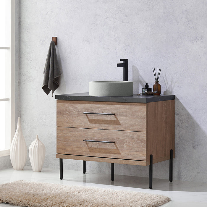 36-Inch Sabine Oak Bathroom Vanity Set - Single Sink with Black Sintered Stone Countertop & Concrete Basin