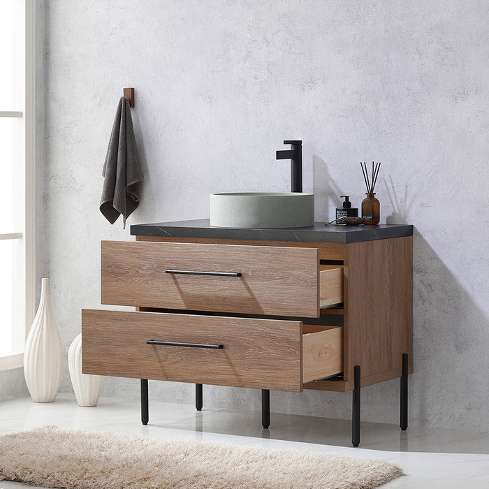 36-Inch Sabine Oak Bathroom Vanity Set - Single Sink with Black Sintered Stone Countertop & Concrete Basin