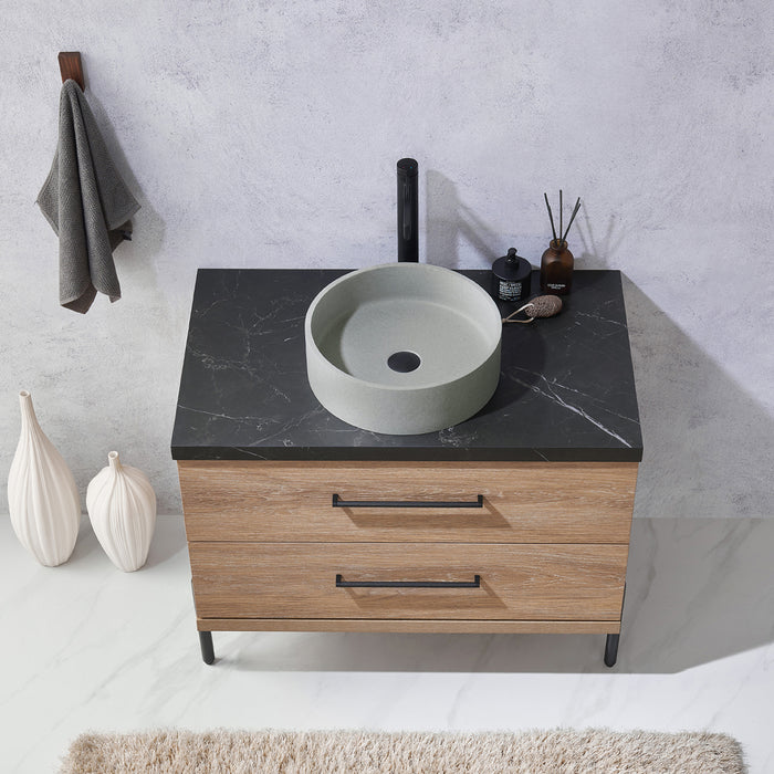 36-Inch Sabine Oak Bathroom Vanity Set - Single Sink with Black Sintered Stone Countertop & Concrete Basin