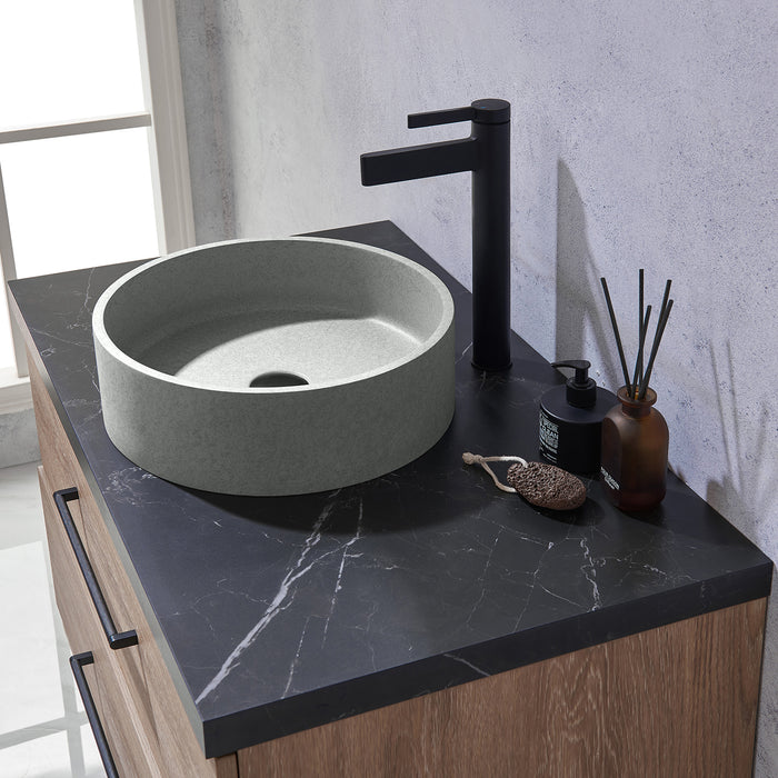 36-Inch Sabine Oak Bathroom Vanity Set - Single Sink with Black Sintered Stone Countertop & Concrete Basin