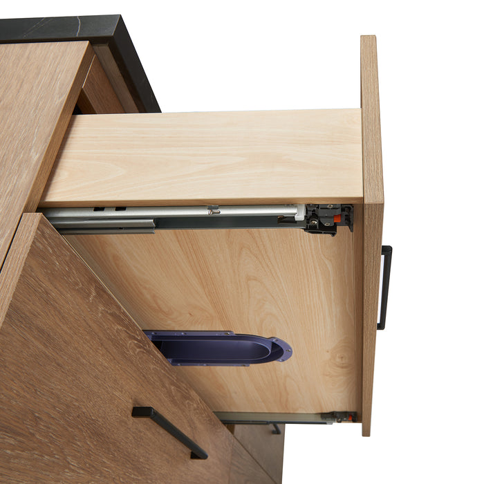 36-Inch Sandalwood Oak Bathroom Vanity - Single Sink with Black Stone Countertop & Mirror