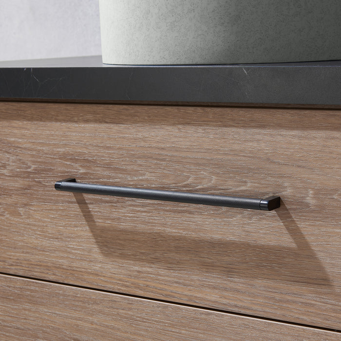 36-Inch Sandalwood Oak Bathroom Vanity - Single Sink with Black Stone Countertop & Mirror