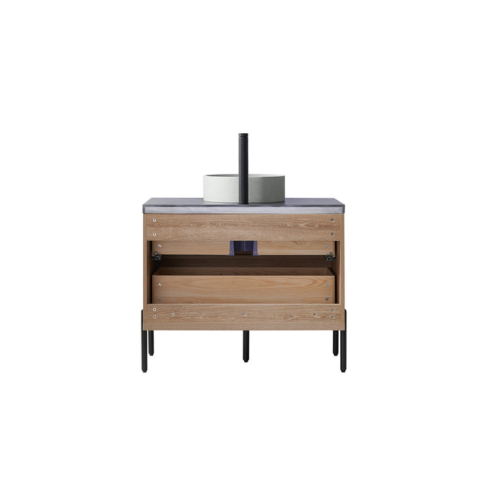 36-Inch Sandalwood Oak Bathroom Vanity - Single Sink with Black Stone Countertop & Mirror