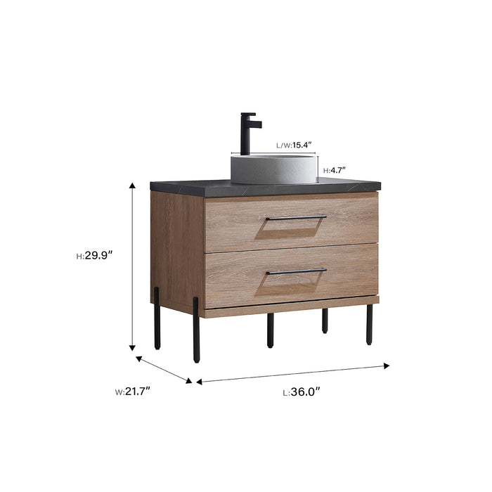 36-Inch Sandalwood Oak Bathroom Vanity - Single Sink with Black Stone Countertop & Mirror