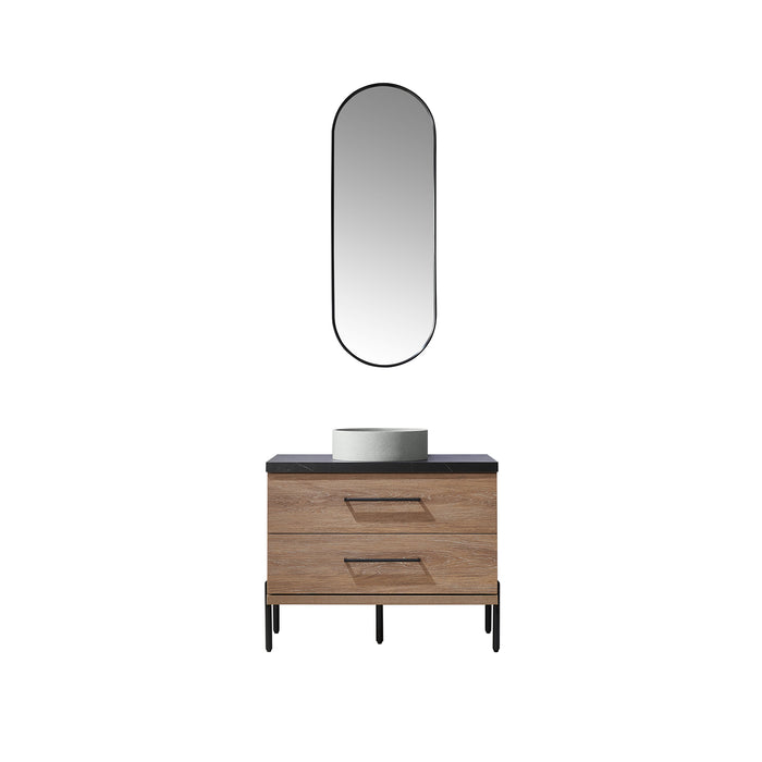 36-Inch Sandalwood Oak Bathroom Vanity - Single Sink with Black Stone Countertop & Mirror