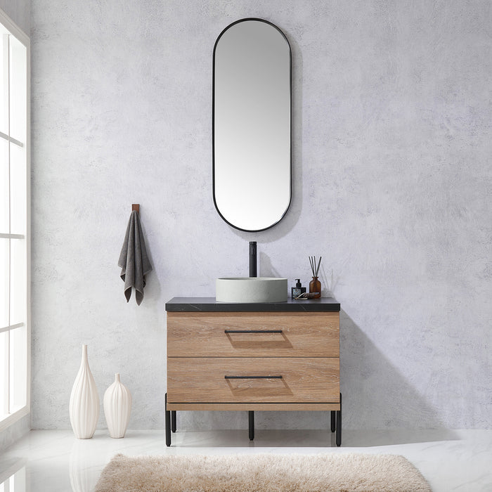 36-Inch Sandalwood Oak Bathroom Vanity - Single Sink with Black Stone Countertop & Mirror