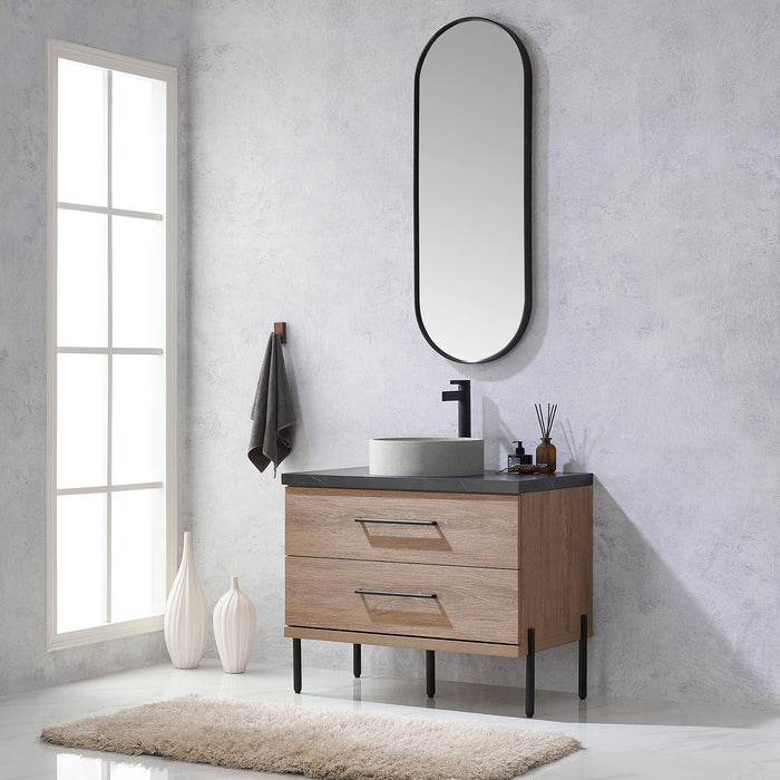 36-Inch Sandalwood Oak Bathroom Vanity - Single Sink with Black Stone Countertop & Mirror