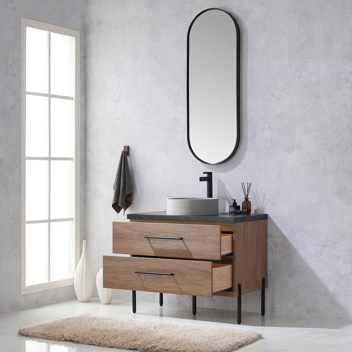 36-Inch Sandalwood Oak Bathroom Vanity - Single Sink with Black Stone Countertop & Mirror