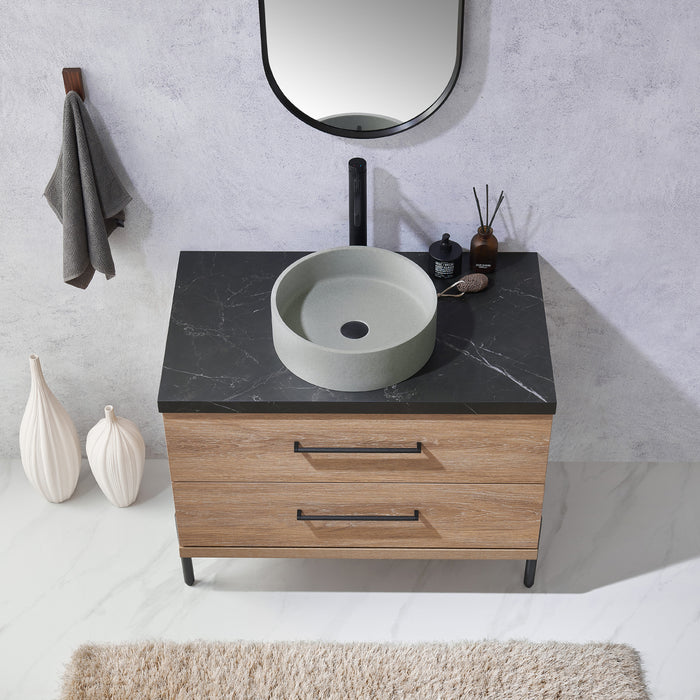 36-Inch Sandalwood Oak Bathroom Vanity - Single Sink with Black Stone Countertop & Mirror