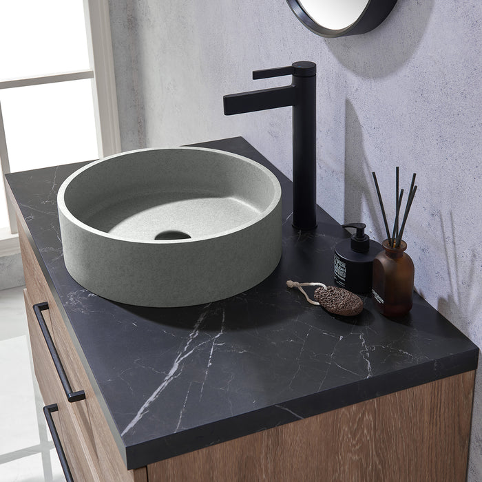36-Inch Sandalwood Oak Bathroom Vanity - Single Sink with Black Stone Countertop & Mirror