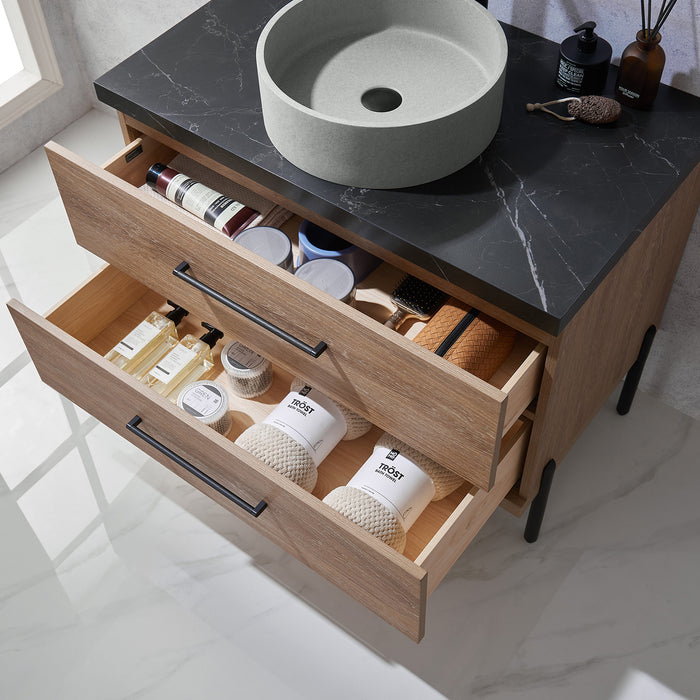 36-Inch Sandalwood Oak Bathroom Vanity - Single Sink with Black Stone Countertop & Mirror