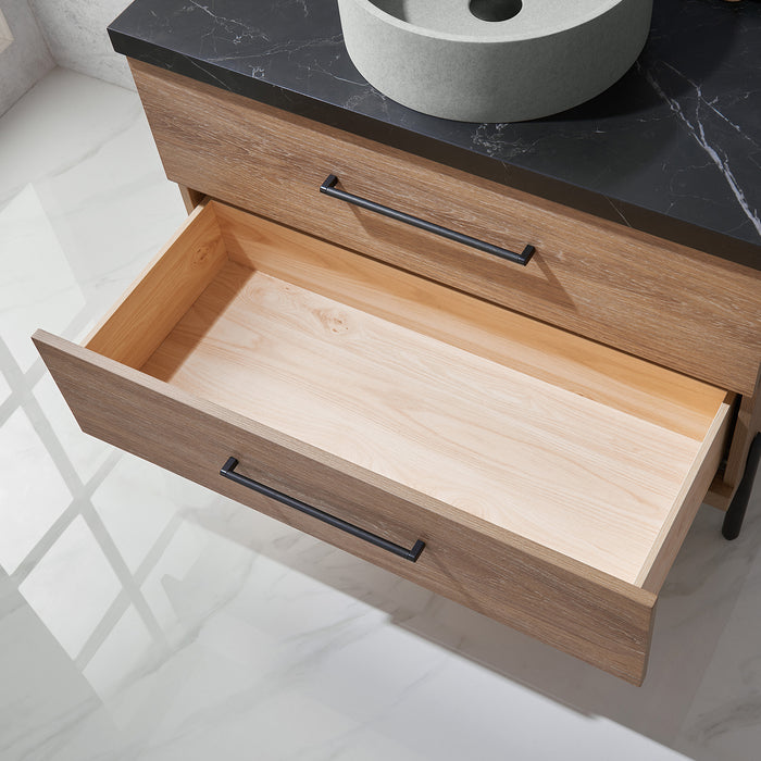 36-Inch Sandalwood Oak Bathroom Vanity - Single Sink with Black Stone Countertop & Mirror