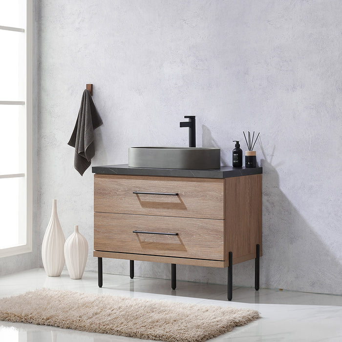 36-Inch Oak Wood Samara Single Sink Vanity - Black Sintered Stone Countertop with Concrete Sink & Soft Close Storage