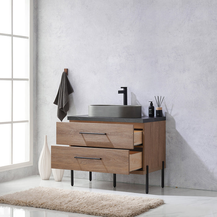 36-Inch Oak Wood Samara Single Sink Vanity - Black Sintered Stone Countertop with Concrete Sink & Soft Close Storage